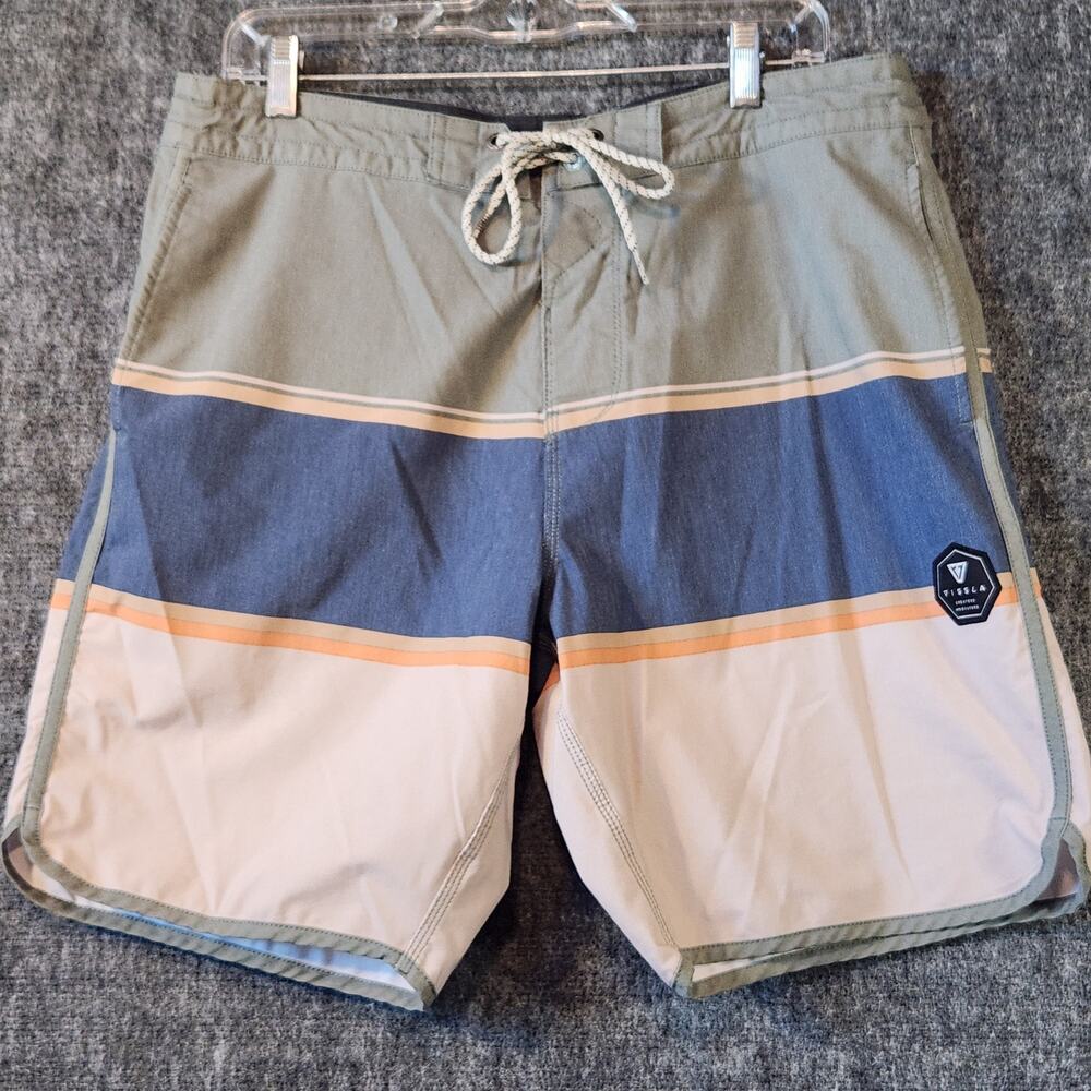 Vissla The Point Coconut Boardshorts 34 Green Blue Striped Stretch Swim Trunks